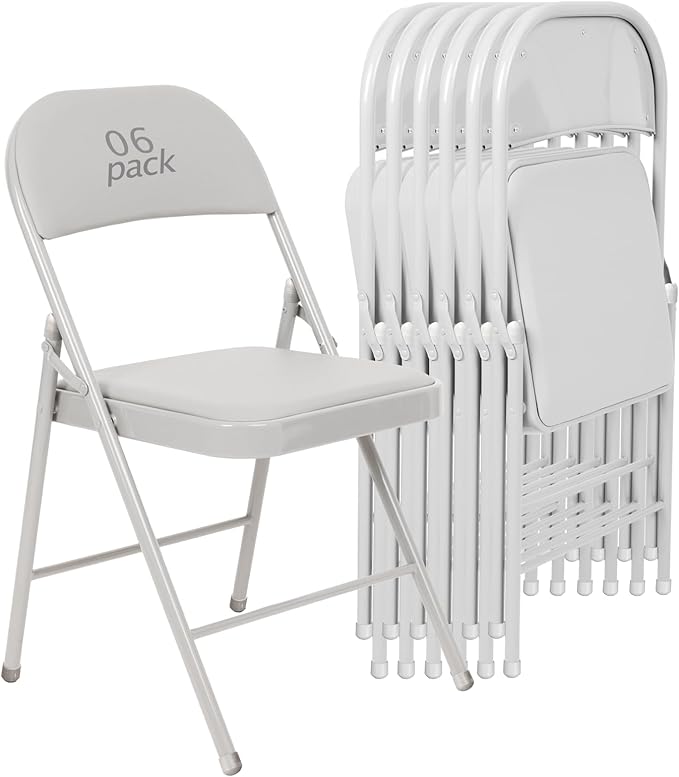 6 Pack White Padded Folding Chairs Set - Comfortable Stackable Portable Chairs for Indoor Outdoor, Events, Parties, Office, Wedding (PU Leather, Executive White,School Chair)