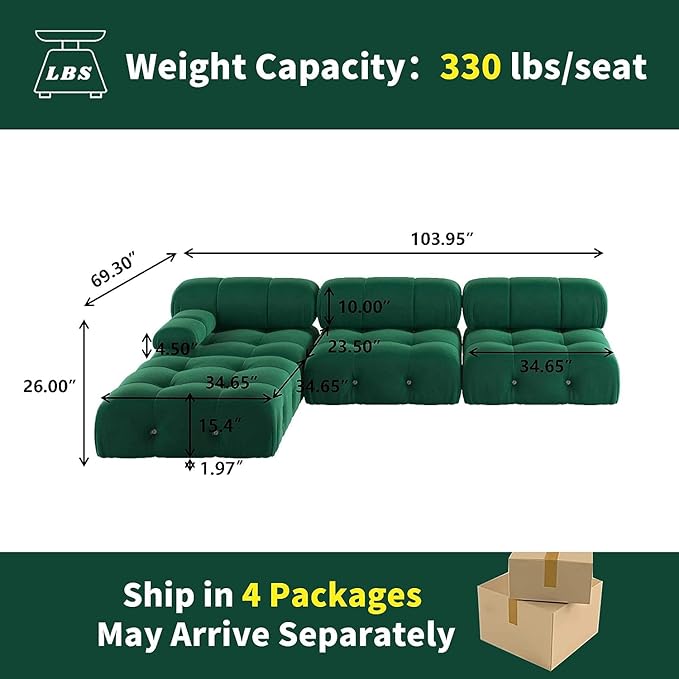 JACH 104" Modular Sofa Sectional Couch, L-Shaped Minimalist Velvet Couches, Mid-Century Comfy Couch with Reversible Chaise Ottoman for Living Room, Apartment (Green)