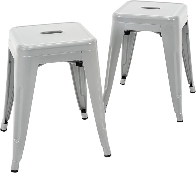 Brage Living 18 Inch Industrial Metal Stools Set of 2, Short Stackable Classroom Stools, Backless Metal Dining Chairs for Indoor Outdoor Kitchen (Pearl Silver)