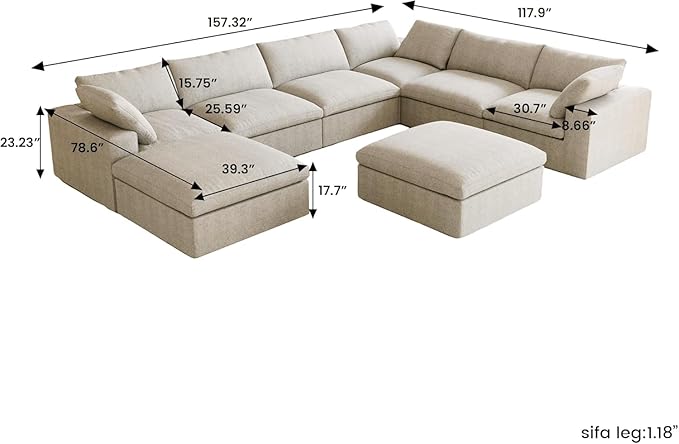 8 Seater Cloud Sectional Couch, Oversize Modular Sofa, Modern Comfy Cloud Sofa with Storage Ottomans, Covers Removable, Convertible Sleeper Couch for Living Room Apartment (Khaki, Linen Fabric)