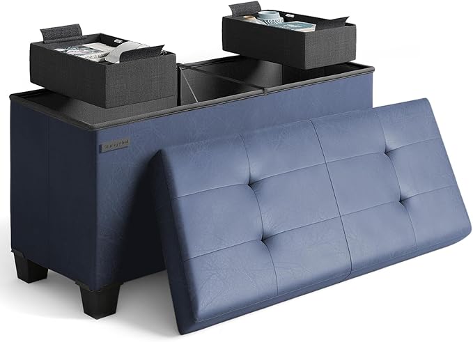 Storage Ottoman Bench with Bins, 30-in Storage Bench for Bedroom End of Bed, Folding Foot Rest Ottoman for Living Room Max 660lbs, Faux Leather Ottomans, Blue