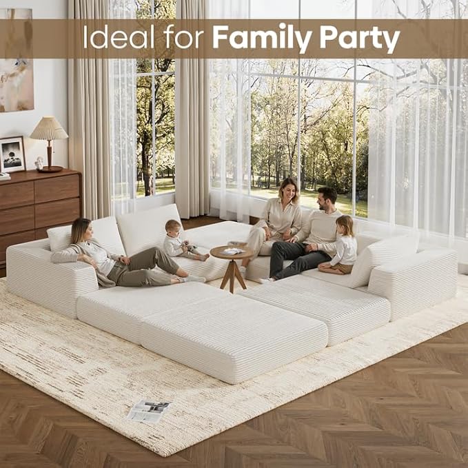 L-Shaped Corduroy Modular Sectional Couch, Modern Floor Couch Sofa for Apartment Living Room, Convertible Sleeper Sofa Bed with 3 Pillows, No Assembly Required, Beige