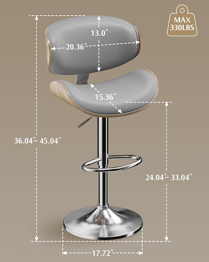 Aowos Bar Stools, Adjustable Swivel Leather Bar Stools for Kitchen Island, Mid Century Modern Counter Height Bar Chairs Barstools with Back & Footrest (Grey 1PCS)