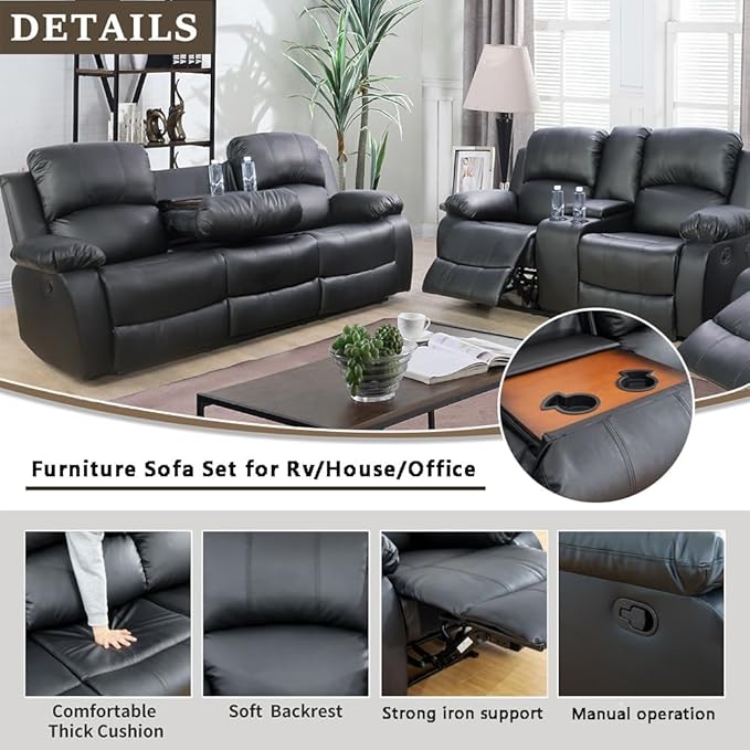 AYCP Bonded Leather Living Room Furniture Set Reclining Sofa Set Loveseat Furniture Sets in Living Room Sofa Recliners (Sofa+Loveseat, Black)