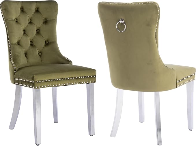YeahFurn Mid Century Modern Dining Chairs Set of 2, Olive Velvet Upholstered Tufted Back, Kitchen & Dining Room Chairs, Brushed Silver Metal Legs, Nailhead Trim, Sillas para Comedor (Olive, 2 Pcs)