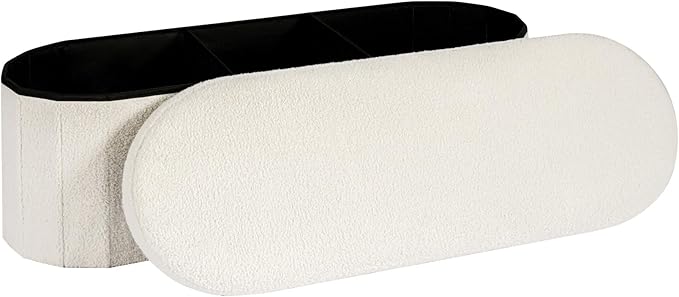 Storage Ottoman Bench, 43.3 Inches Oval Ottoman with Storage, Teddy Boucle Foot Rest, Large Folding Ottoman Bench for Living Room, Entryway, Bedroom, White