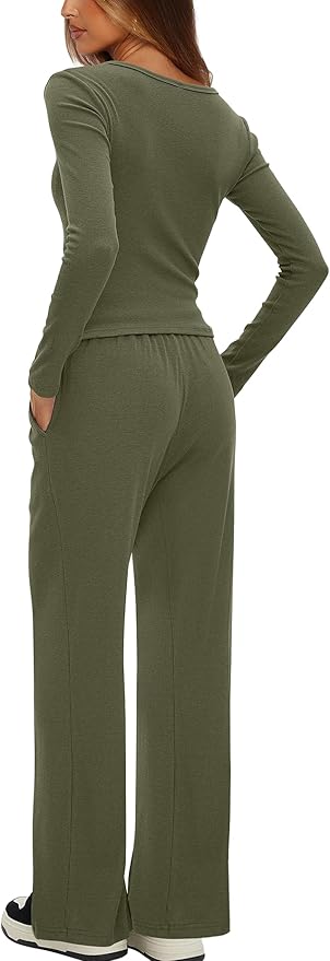 Darong Womens 2 Piece Matching Lounge Sets 2026 Long Sleeve Henley Shirts Wide Leg Pants Airport Travel Outfits