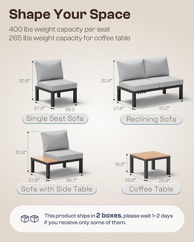 Oasbira Aluminum Outdoor Patio Furniture Set, 4 Seats Modular Patio Sectional Sofa Set with Adjustable Backrest & Removable Cushions, All-Weather Outdoor Conversation Sets for Garden & Yard, Gray