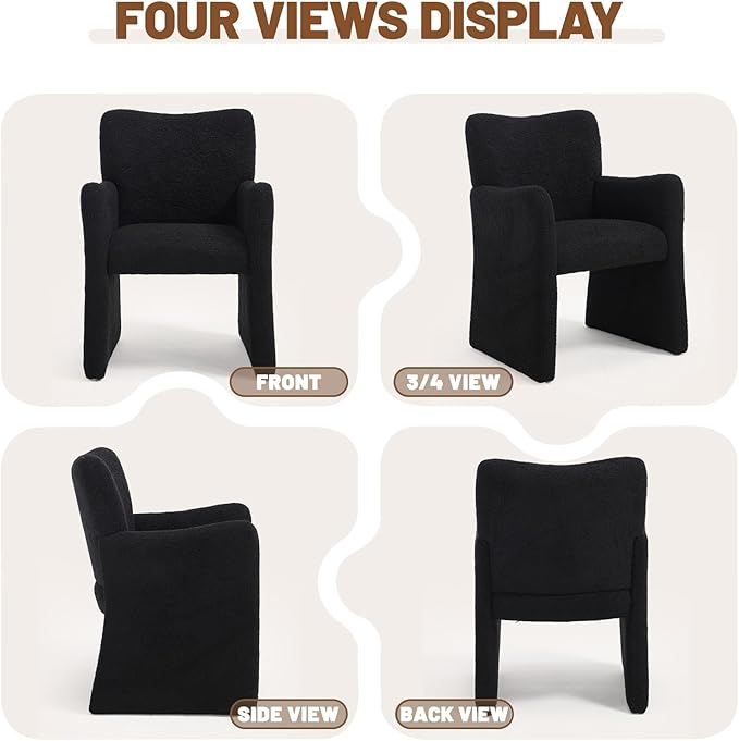 CIMOTA Boucle Dining Chairs Set of 4, Sherpa Upholstered Accent Chairs with Arms/Wood Legs, Comfortable Kitchen Chairs for Living/Reception/Dining Room, Black
