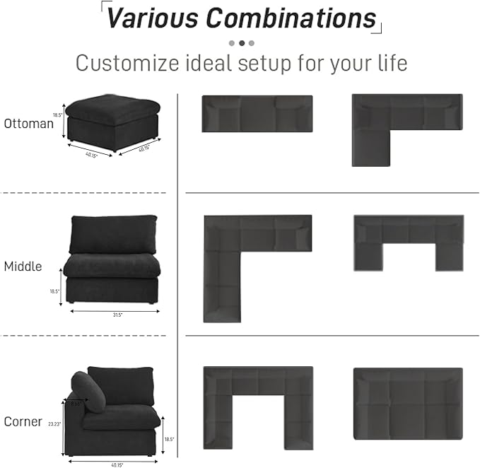 160" Cloud Couch Modular Sectional Sofa for Living Room,L Shaped Sofas with Storage Ottoman,Down Filled Convertible 6 Seater, Covers Washable&Replaceable (Black)