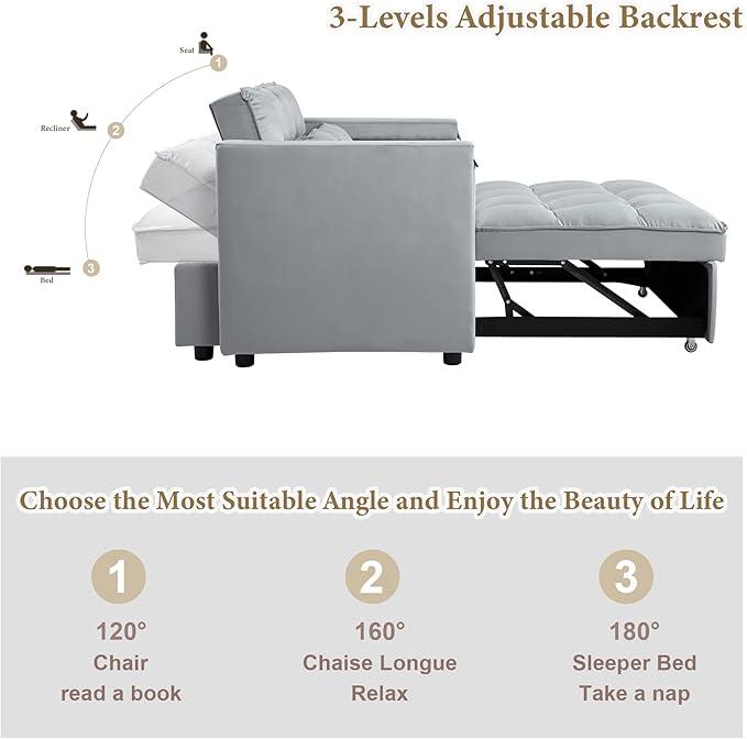 ORRD Convertible Sofa Bed,3-in-1 Multi-Functional Velvet Sleeper Couch Pull-Out 48'' Loveseat Bed Chaise Lounge with Adjustable Backrest and Pillows,Hidden Side Table for Living Room,Small Space Grey