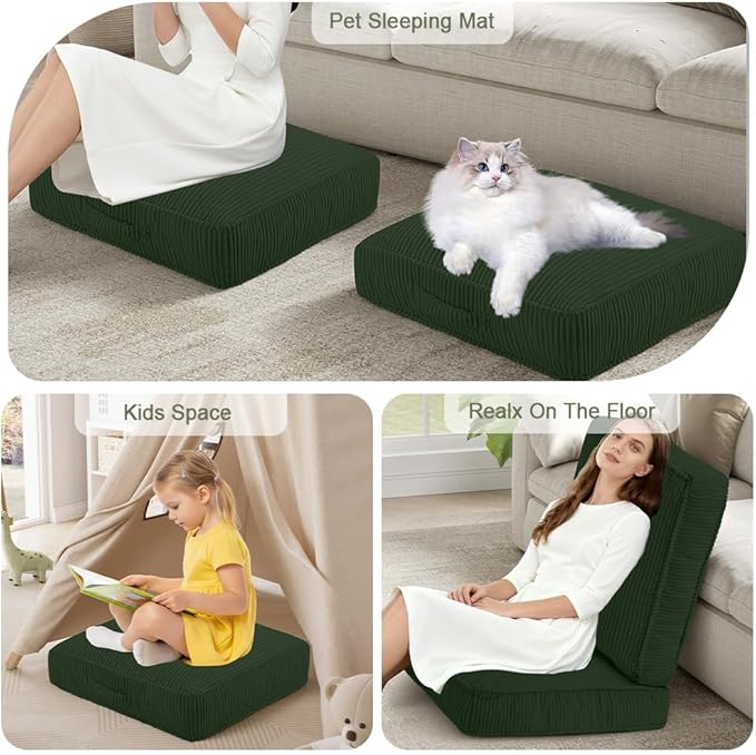 PRIMEPATIO Floor Pillow for Adults Set of 2, 4" Square Floor Cushions with Washable Cover, Large Corduroy Meditation Pillow, 24 inches Tatami Seat with Handle for Living Room or Yoga, Green