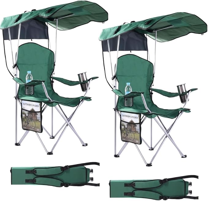 CozyBox Portable Folding Camping Chairs with Canopy Shade, Beach Chair for Adults, Durable Weather Resistant 600D Oxford Cloth, Camping Chair with Canopy for Outdoors [Green-2 Pack]