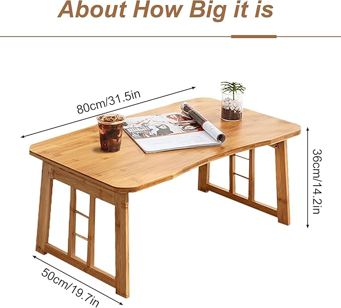 Japanese Bamboo Folding Floor Table – Portable Collapsible Tatami Coffee Table, No-Assembly Foldable Low Table for Sitting on the Floor, Compact Space-Saving Design for Home, Tea Room & Camping (Wood)