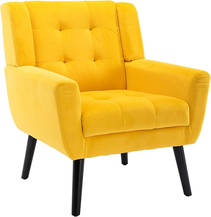 OO BY ORANGE ONLINE Velvet Accent Chair, Mid-Century Modern Tufted Armchair for Living Room, Bedroom & Office (Yellow)