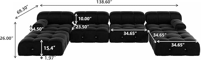 JACH 138" Modular Sectional Couch, U-Shaped Minimalist Velvet Sofas with Chaise Ottomans, Convertible Modern Deep 6-Seat Sofas Furniture for Living Room, Apartment (Black)