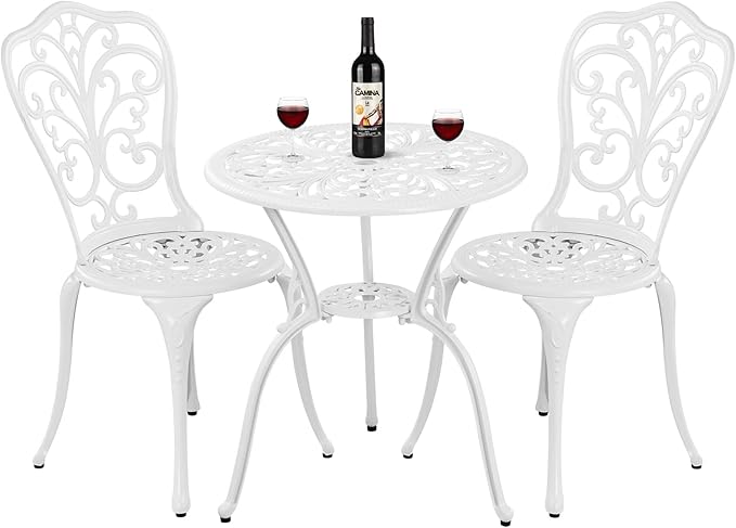 Withniture Bistro Set 3 Piece Outdoor Cast Aluminum Patio Bistro Set with Umbrella Hole, All Weather Bistro Table and Chairs Set, Small Patio Furniture Set for Garden, Porch,White