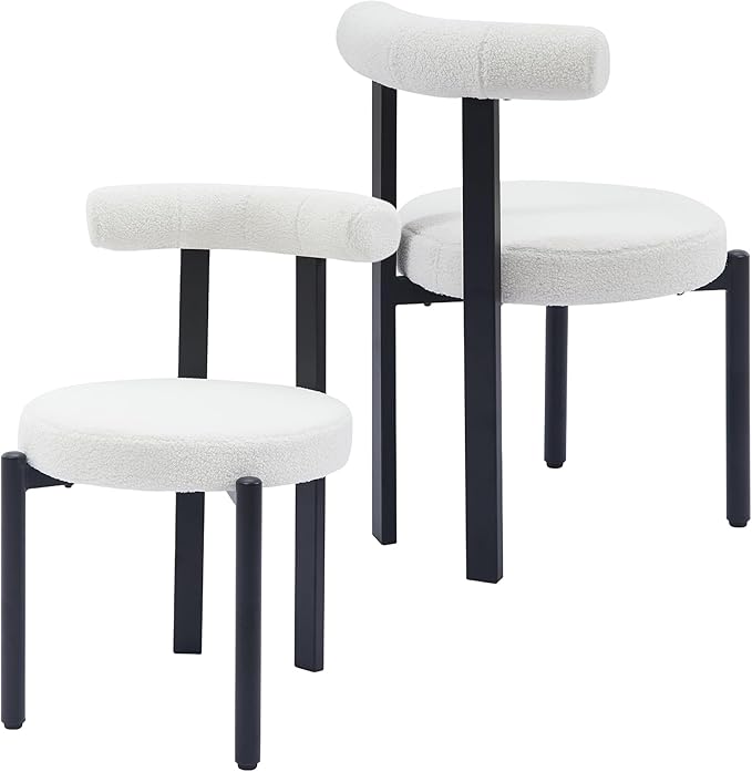 Kiztir Boucle Dining Chairs Set of 2, Modern Dining Room Chairs with Curved Backrest and Black Metal Legs, Upholstered Round Dining Accent Chairs for Kitchen, Living Room, Bedroom (Beige)