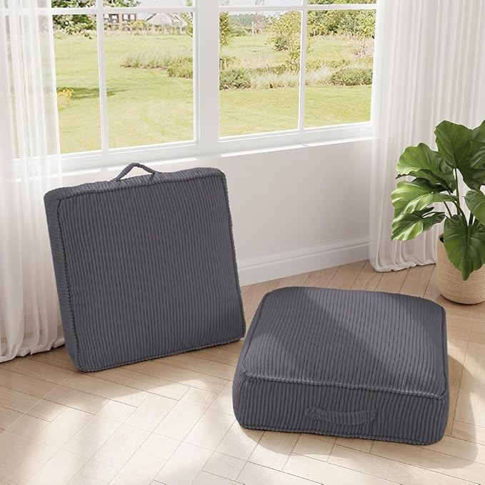 PRIMEPATIO Floor Pillow for Adults Set of 2, 8" Square Floor Cushions with Washable Cover, Large Corduroy Meditation Pillow, 24 inches Tatami Seat with Handle for Living Room or Yoga, Dark Grey