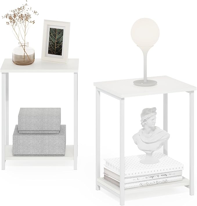 Furinno Simplistic Side Table Set of 2, 2-Tier Metal Frame Modern End Table with Open Shelf, Night Stand, Bedside Table, for Living Room, Bedroom, White