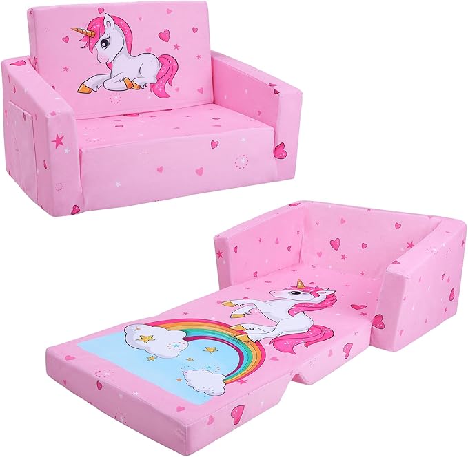 decalsweet Kids Couch Foldable Kids Sofa 2 in 1 Children Convertible Sofas to Lounger Fold Out Toddlers Sofa Bed for Playroom Bedroom Living Rooms Boys and Girls