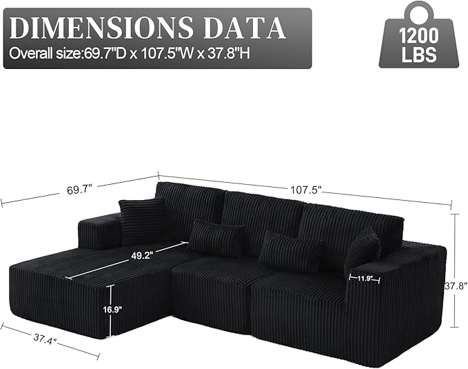 HYJT-H&K Modular Sectional Sofa Cloud Sectional Couch, 107" Comfy Fluffy L Shaped Dark Black Couches for Living Room, Deep Seat Memory Foam Plush Corduroy Boneless Couch Sectionals Left Facing Chaise