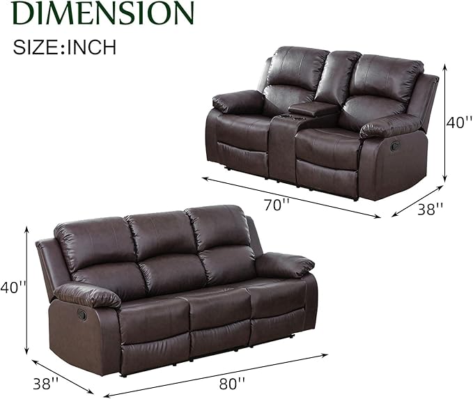 Caberryne 2 Pieces Leather Recliner Sofa Set，Recliner Sofa and Loveseat Sets for Living Room Furniture，Brown Reclining Couch with 4 Recliners for Living Room/Office/Theater Seating(Sofa Set 2 Pieces)