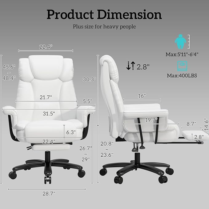 GYI Criss Cross Chair with Wheels, 160°Big and Tall Reclining Office Desk Chair with High Back, Wide Seat, Arms, Footrest, White