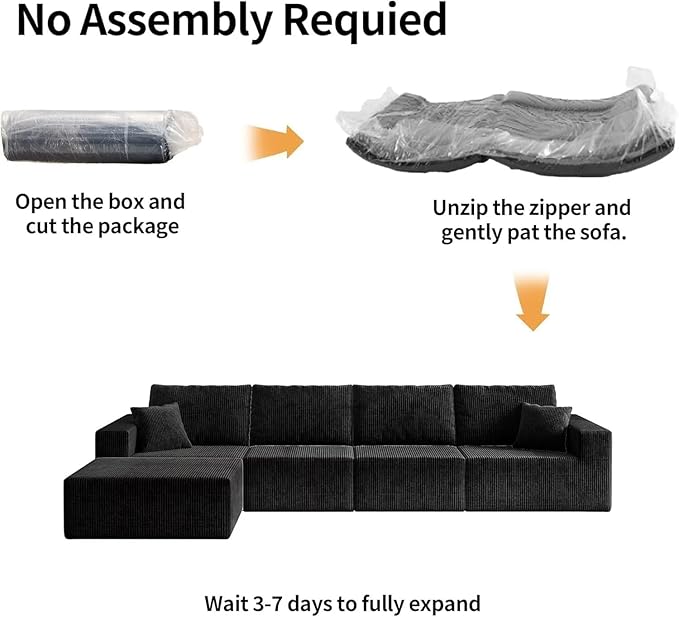 110" Boneless Cloud Sectional Sofa, Modular L-Shaped Couch with Deep Seats, Compressed Frameless Corduroy Sofa in Boxes, No Assembly Required, 3-Seater Left-Facing Chaise, Black