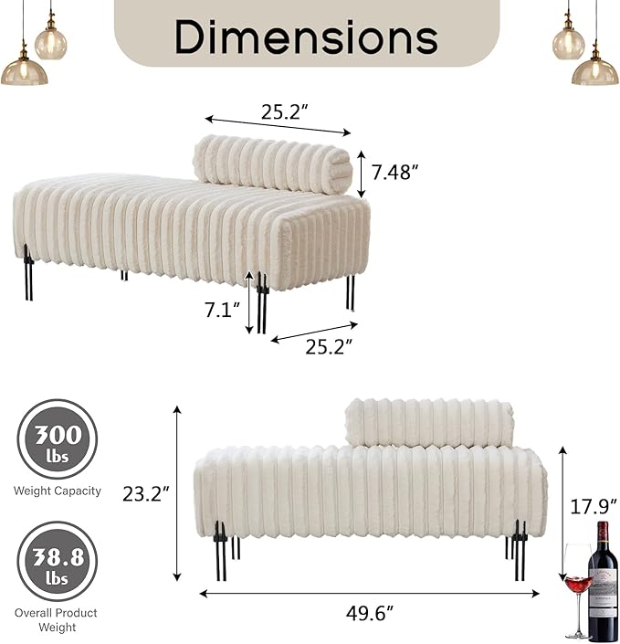 NIOIIKIT 49.6" Modern Loveseat Sofa Couch, Upholstered Accent Sofa with Golden Legs and Adjustable Backrest, Small Faux Fur Couches for Bedroom, Living Room, Compact Small Space (White)