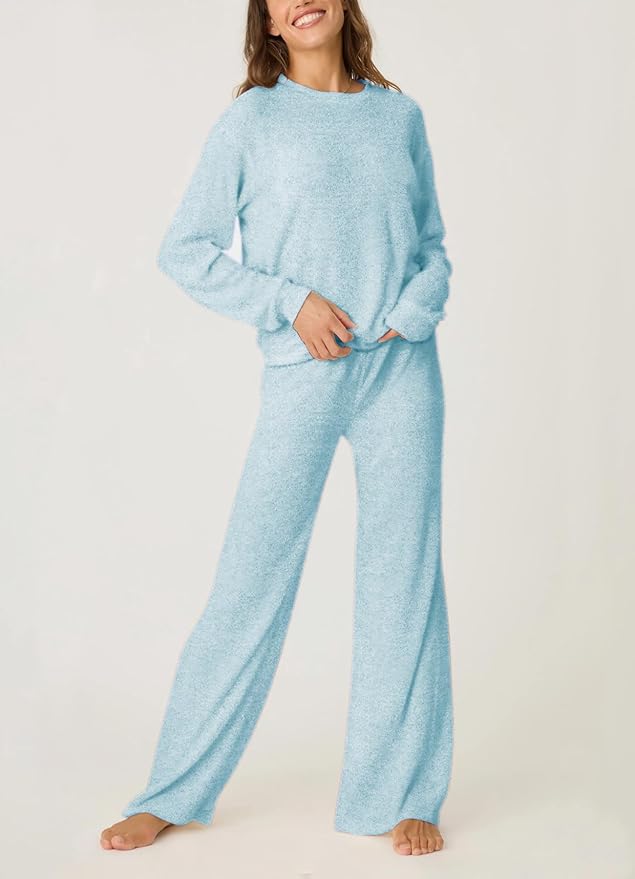 Aamikast Women's 2-Piece Lounge Set Soft Brushed Jersey Sleepwear Pajamas Set Long Sleeve Top & Wide Leg Pants