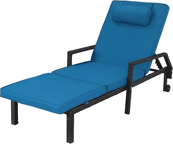Patio Chaise Lounge – Adjustable Outdoor Lounge Chairs with Cushions & Headrest – All-Weather Rattan Reclining Lounge Chairs for Poolside, Garden, and Patio (1 Pc, Light Blue)