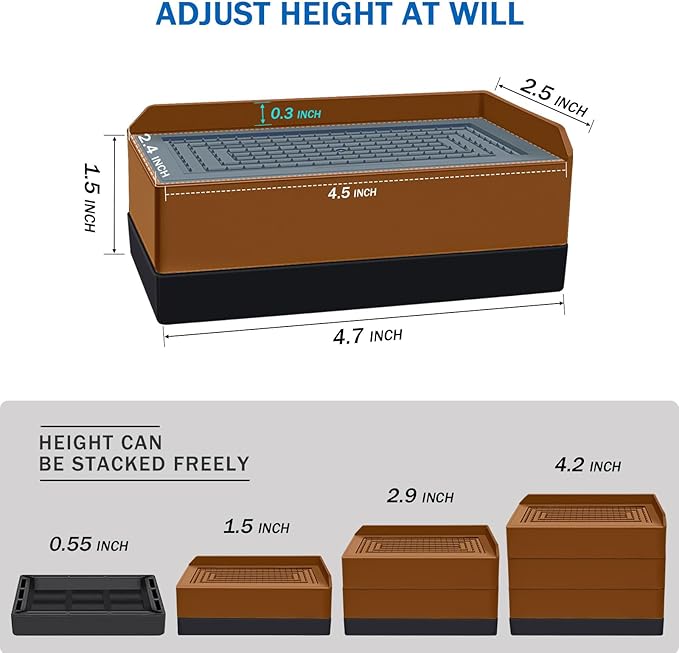 ANNKUT Furniture Risers 1.5 inch, Rectangle Adjustable Risers Blocks for Bed Sofa Table and Couch Lifting，Heavy Duty Support Up to 1,300 Lbs (4 Pack-Brown)
