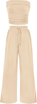 PRETTYGARDEN Womens Summer Outfits 2 Piece Sets Casual Ribbed Knit Crop Tube Top Wide Leg Pants Spring Matching Lounge Set