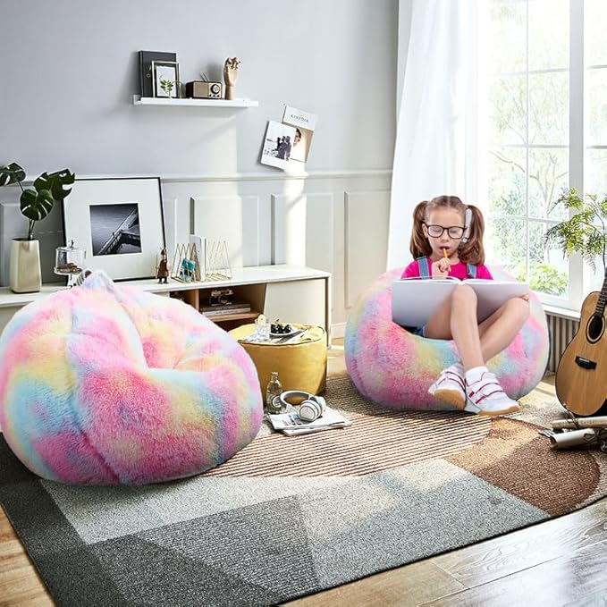 Fluffy Bean Bag Chair for Kids, 2.5FT Round Memory Foam Filled Bean Bag for Teens & Kids, Ultra Soft Faux Fur Fabric Bean Bag Chairs for Playroom, Living Room, Bedroom, Rainbow
