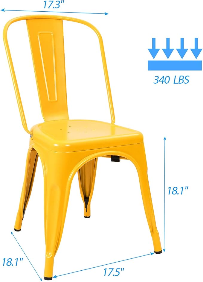 Devoko Metal Indoor-Outdoor Chairs Distressed Style Kitchen Dining Chairs Stackable Side Chair with Back Set of 4 (Yellow)