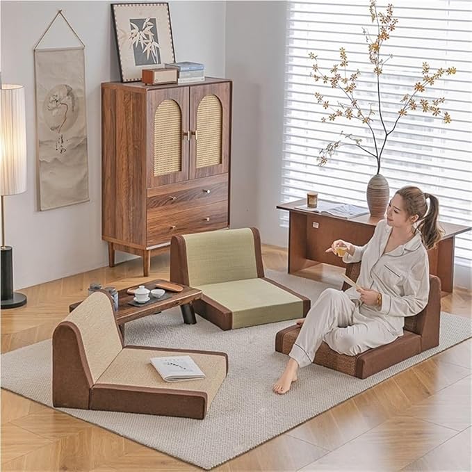Vintage Floor Chair, Low Meditation Chair with Padded Backrest, Comfortable Ergonomic Lounge Seat, Bamboo Silk Legless Reading Chair for Balcony, Bay Window, Living Room & Bedroom(Brown,67*55*38cm)