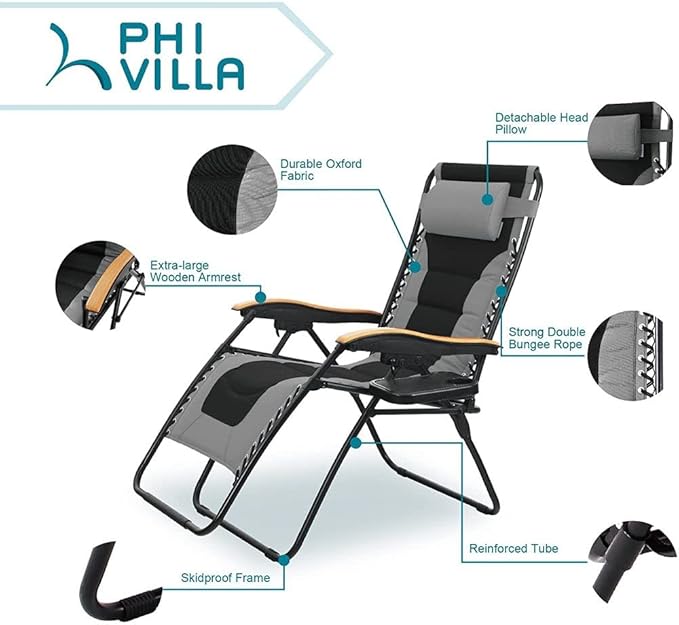 PHI VILLA XXL Oversized Padded Zero Gravity Chair, Foldable Patio Recliner, 30" Wide Seat Anti Gravity Lounger with Cup Holder, Support 400 LBS (Gray)