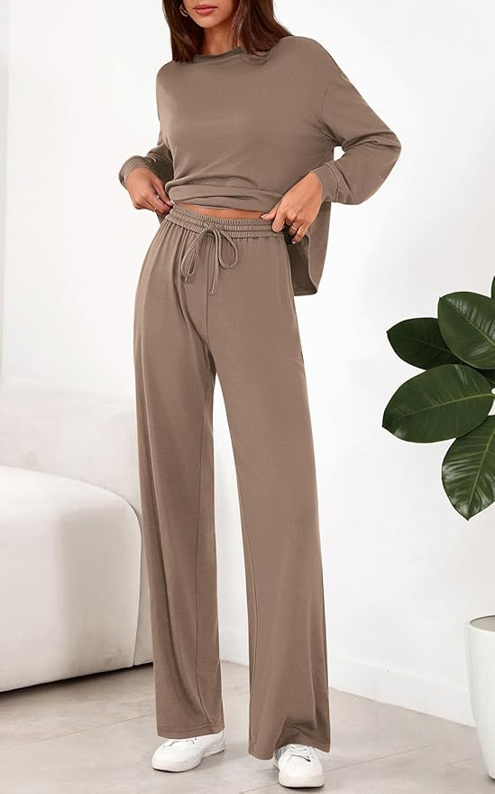 PRETTYGARDEN Womens 2 Pieces Lounge Sets Crewneck Long Sleeve Wide Leg Drawstring Pants Tracksuits Loose Fit Outfits Set