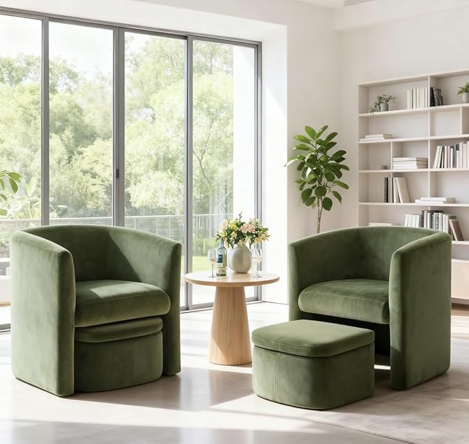 MALOL Mid-Century Velvet Living Room Chair with Storage Ottoman, Space-Saving Accent Chairs for Bedroom/Reading Spaces/Office, Green