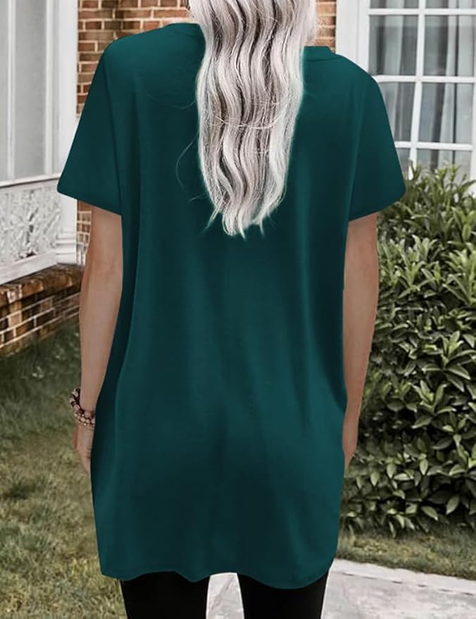 Poetsky Summer Womens Tunic Tops for Leggings with Pockets Short Sleeve Casual Long T Shirts S-3XL