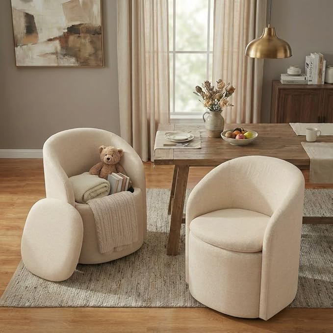 Upholstered Dining Chairs with Casters, Rolling Modern Dining Room Chairs with Hidden Storage & Barrel Backrest, Easy Assembly Accent Chair for Bedroom, Living Room, Dressing, Sand Fabric,4PCS