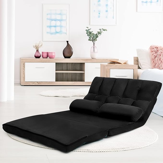 KOMFOTT Adjustable Floor Sofa Bed, Foldable Lazy Sofa Sleeper Bed with 6 Position Backrest & 2 Pillows, Convertible Futon Couch Bed with Suede Cloth Cover, Lounge Recliner for Living Room (Black)