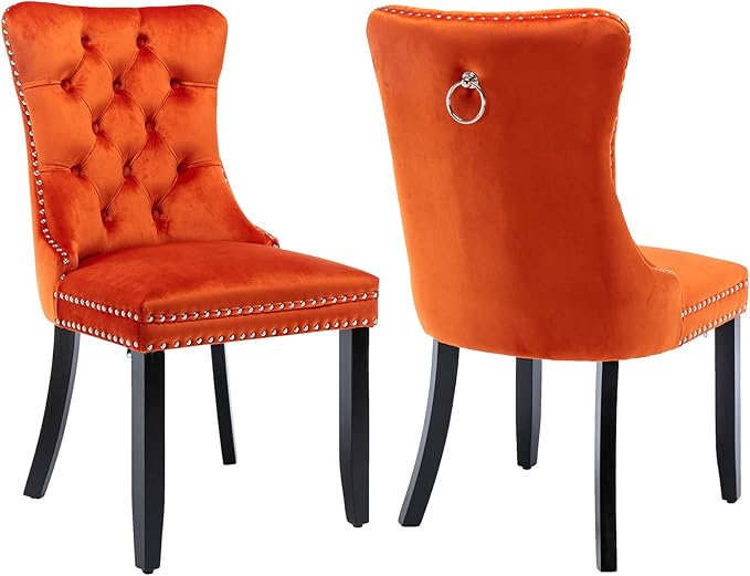 YeahFurn Orange Mid Century Modern Dining Chairs Set of 2, Velvet Upholstered Kitchen & Dining Room Chairs with Nailhead Trim & Solid Wood Legs, Elegant Sillas De Comedor (Orange, 2 Pcs)