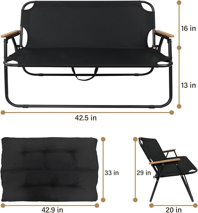 Loveseat Camping Chair with Detachable Cushion, Folding Double Camping Chair with Armrests for Outdoor Fishing Travel Lawn Patio (Black)