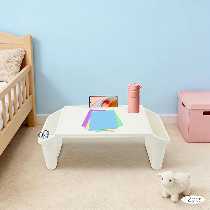 12-Pack Kids Lap Desks, Plastic Lap Tray with Rounded Edges, Stackable Kindergarten Children's Tray with Side Pockets, Portable Bed Table for Reading Dining, Preschool Daycare Home, No Assembly, White