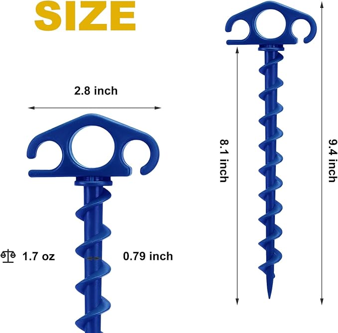 COBARYEN Tent Stakes Ground Anchors Screw in, 16 Pack Sand Stakes for Beach 9.4 Inch Heavy Duty Spiral Tent Pegs for Camping, Party, Hiking, Outdoor Decoration (16, Blue)