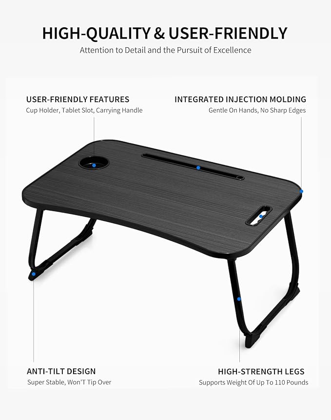 ZEAPTAC Laptop Bed Desk, Foldable Lap Desk, Portable Lap Table, Laptop Stand with Cup Holder & Tablet Slot & Lifting Handle for Working Writing Drawing & Eating - Black