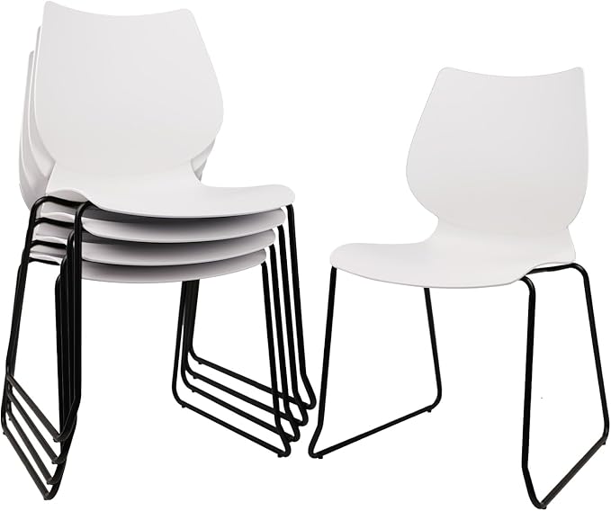 Stacking Chairs, Stackable Waiting Room Chairs, Conference Chair with Back & Church Chairs No Wheels with Metal Legs, Suitable for Offices Conference Training Waiting Room Set of 4, White