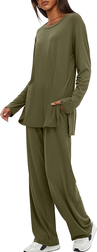 Darong Women's 2 Piece Lounge Set Casual Long Sleeve Crew Neck Tops Wide Leg Pants Travel Airport Outfit Matching Sets